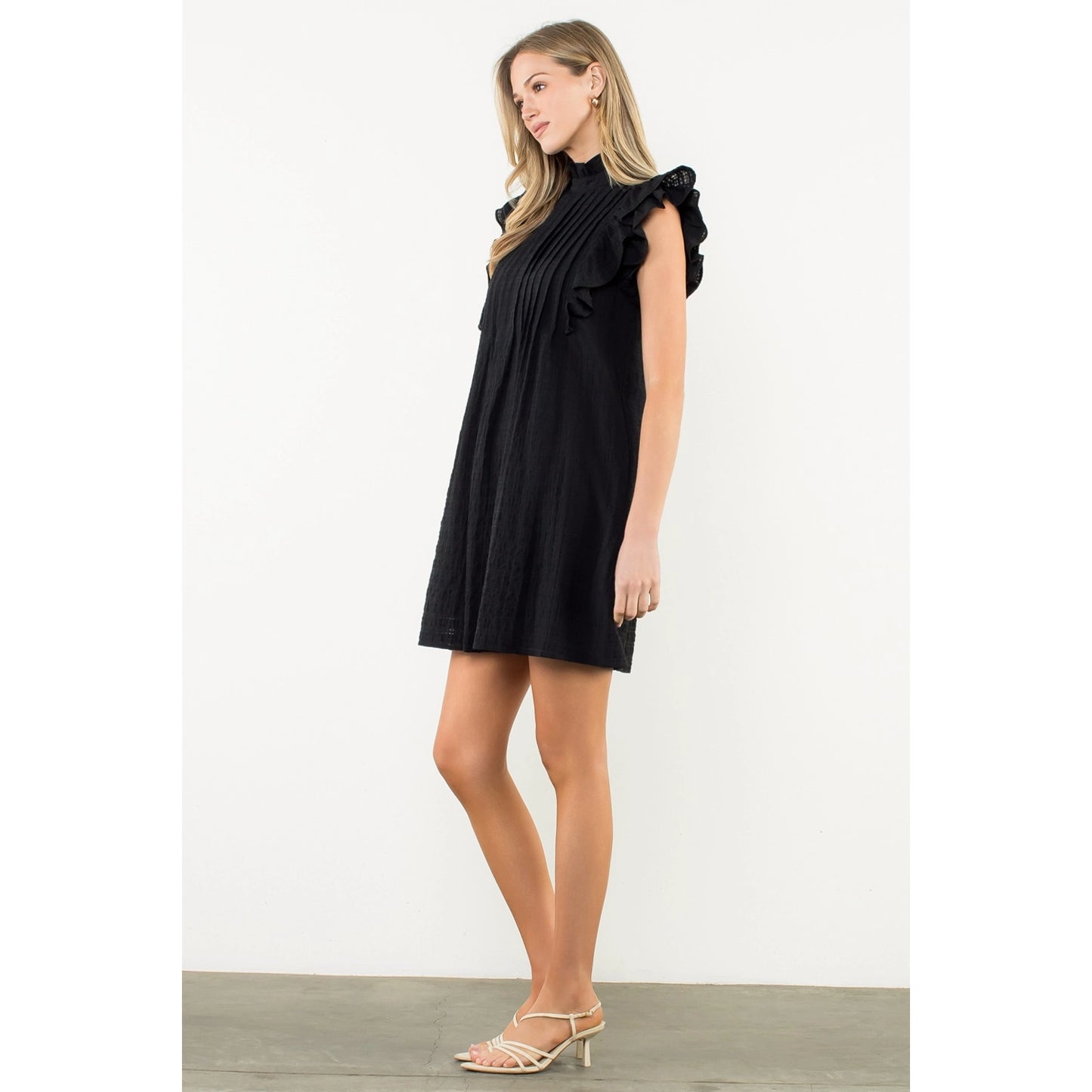Button Back Flutter Sleeve Dress - Black