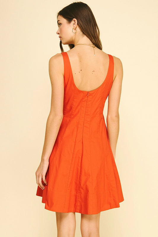 Square Neck Flared Mini Dress - Rust