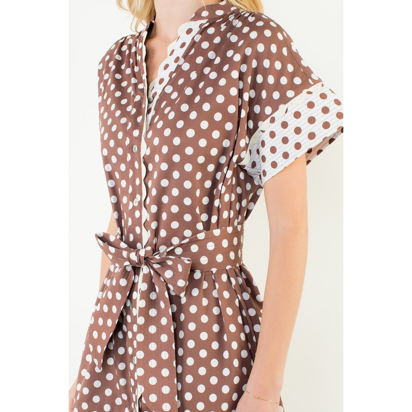 Short Sleeve Polka Dot Dress - Brown