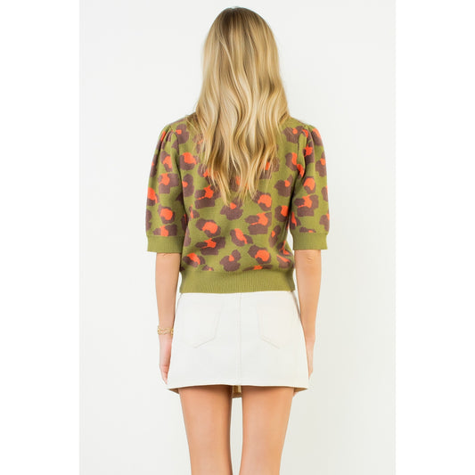 Short Sleeve Leopard Print Knit Top - Olive