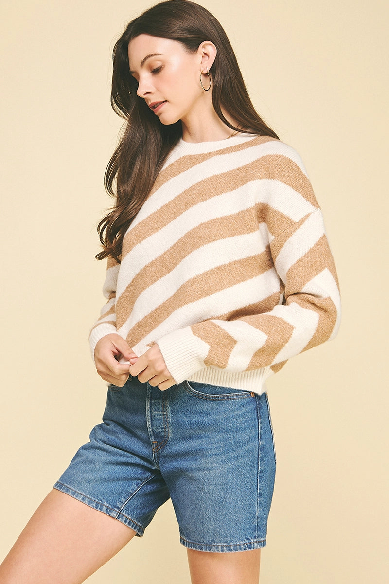Diagonal Stripe Knit Sweater - Cream/Taupe