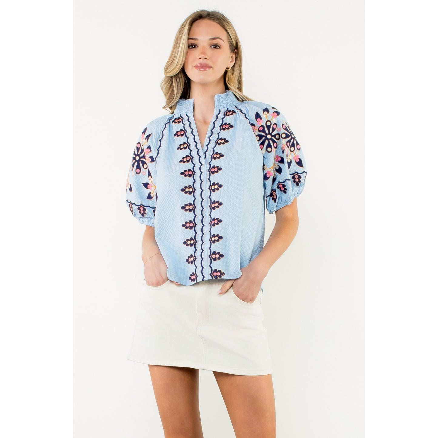 Embroidered Puff Sleeve Textured Top - Blue