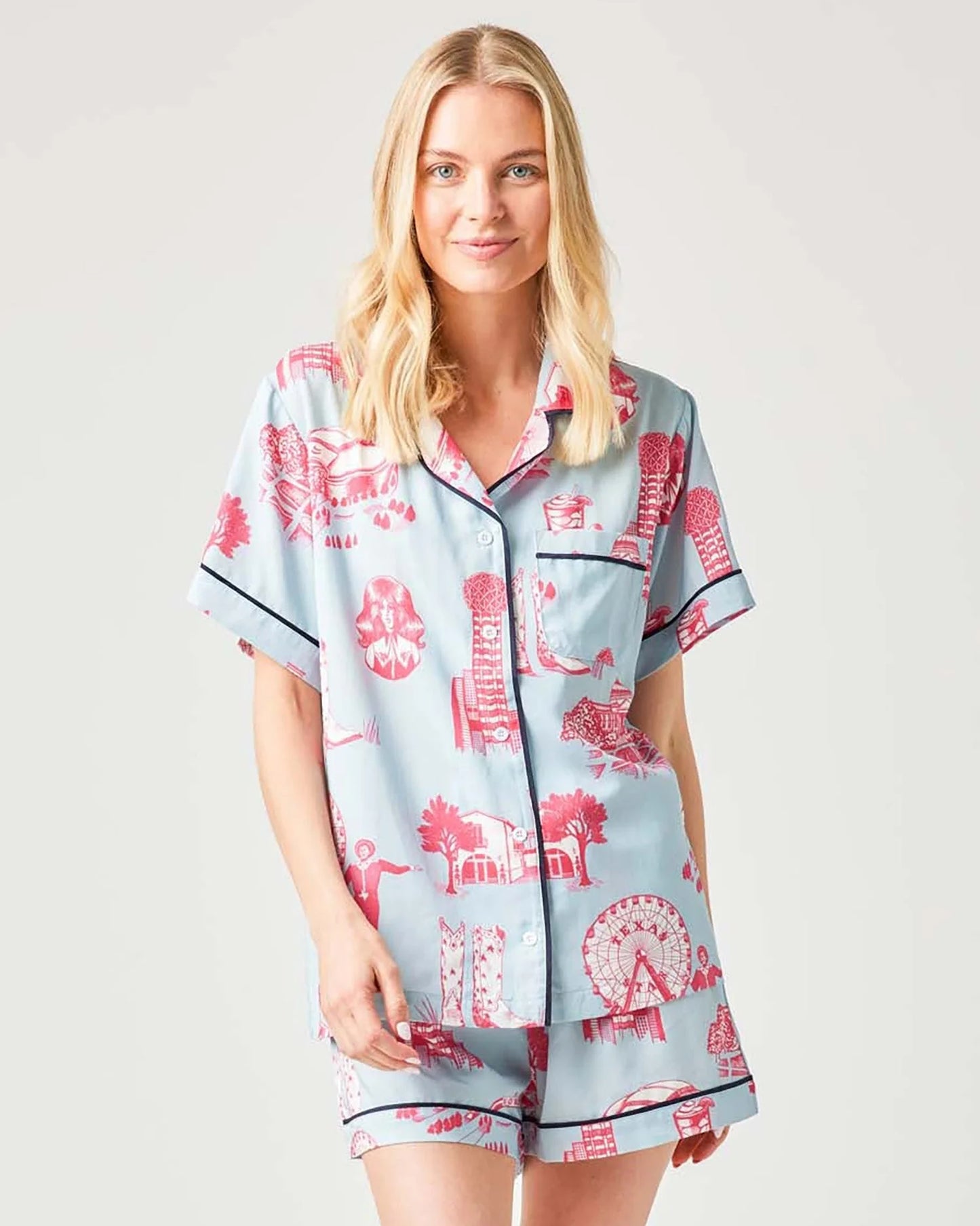 Dallas Toile Pajama Shorts Set - Blue Pink