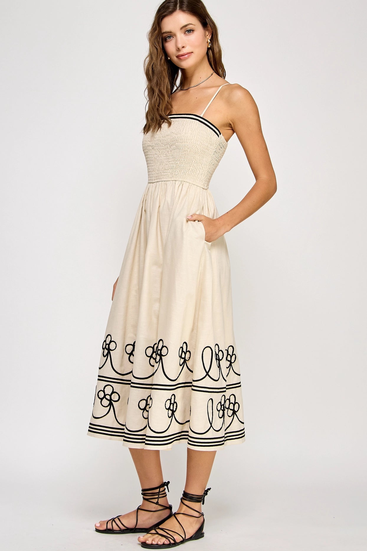 Contrast Embroidered Trim Linen Midi Dress - Ecru/Black