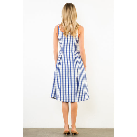 Thin Strap Gingham Pattern Dress - Navy