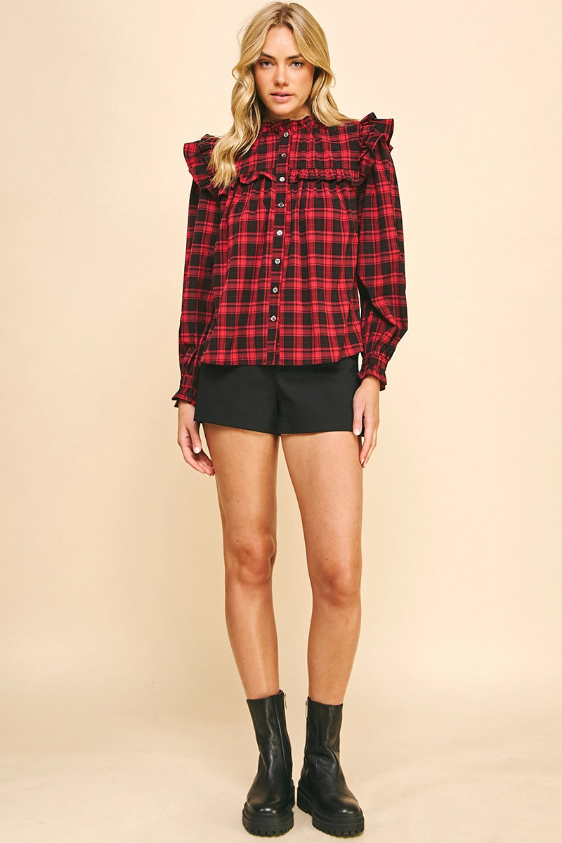 3/4 Sleeves Ruffle Plaid Blouse - Red