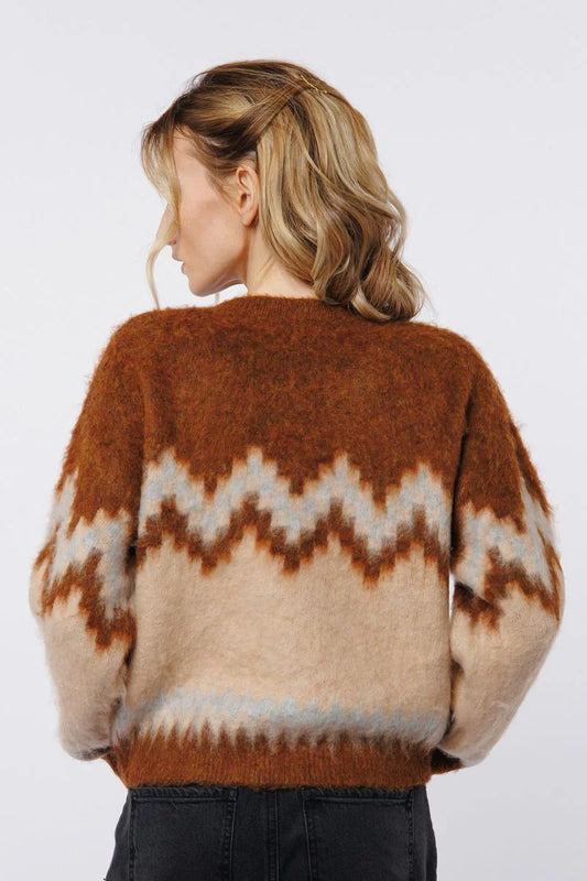 Long Sleeve Pullover Sweater - Brown Multi