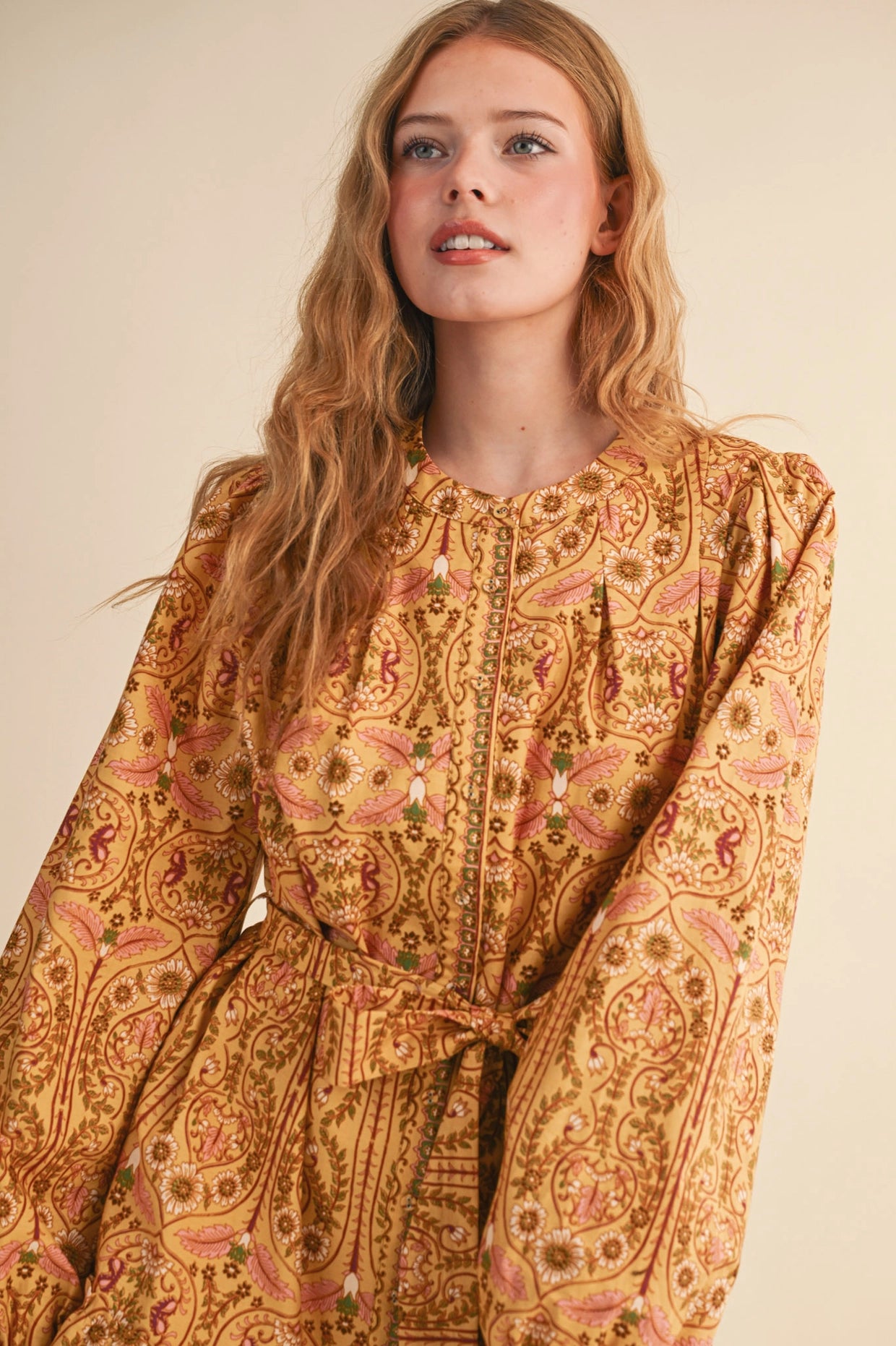 Exclusive Floral Print Button Down Belted Mini Dress - Mustard Multi