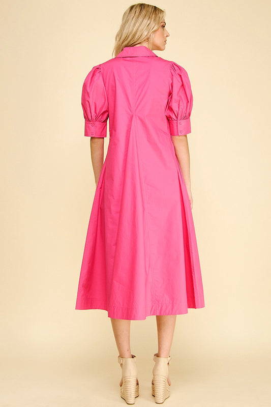 V-Neck Pleated A-Line Dress - Fuchsia