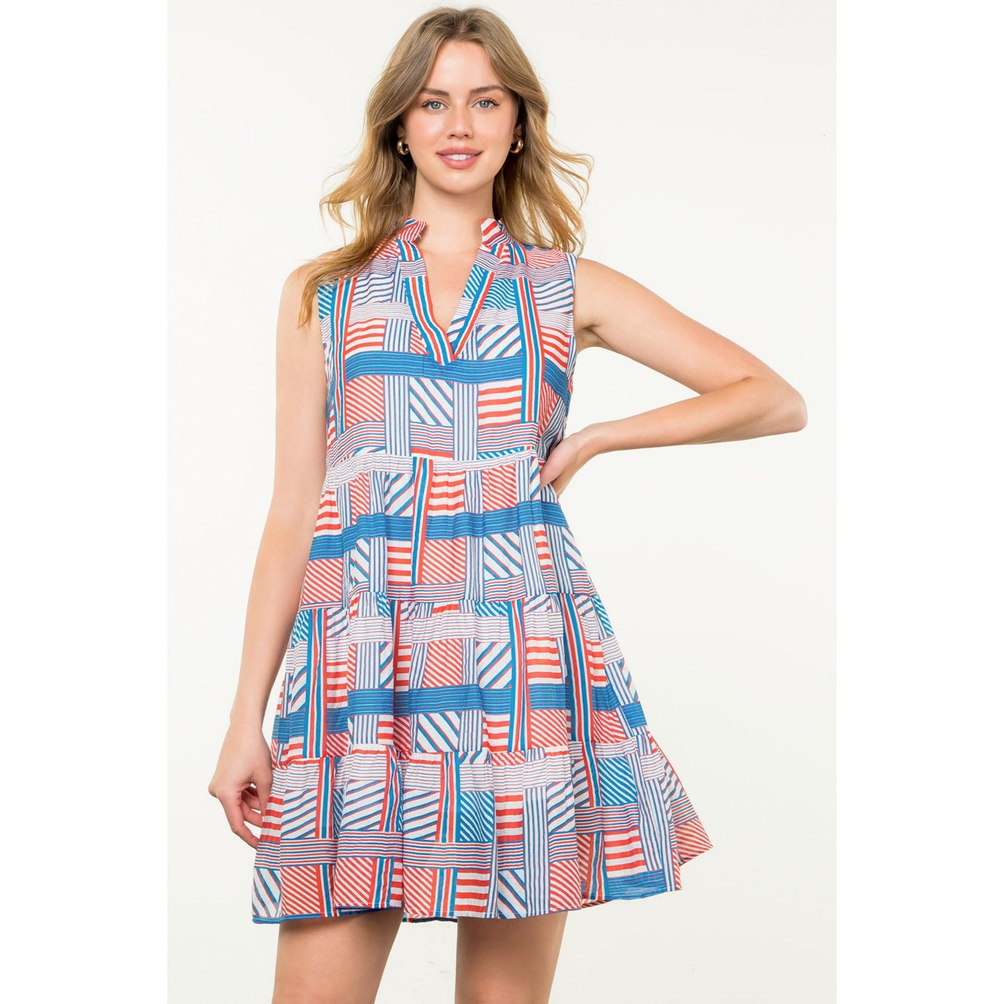 Sleeveless Striped Pattern Dress - Blue