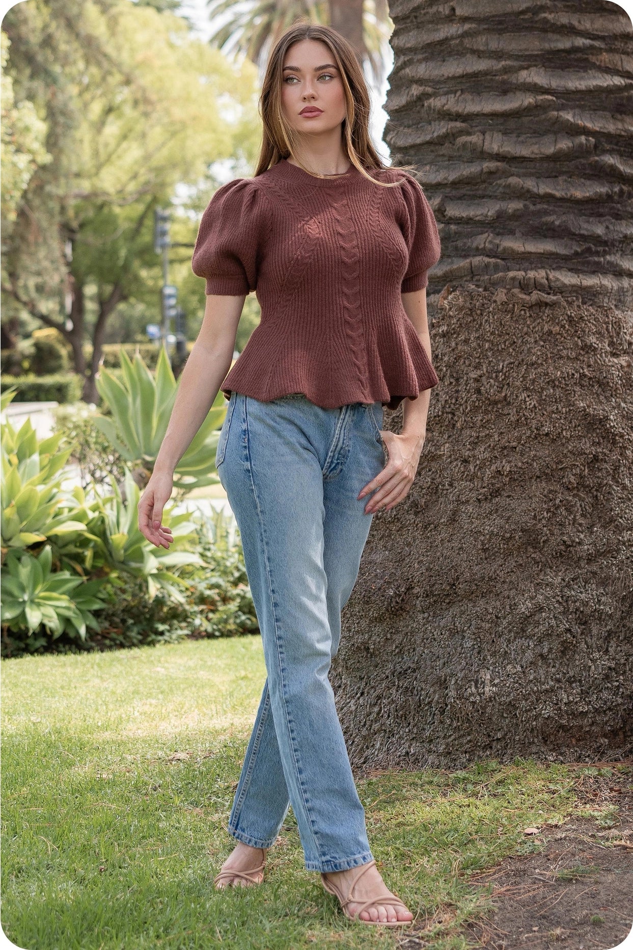 Flared Puff Sleeve Knit Top - Chocolate
