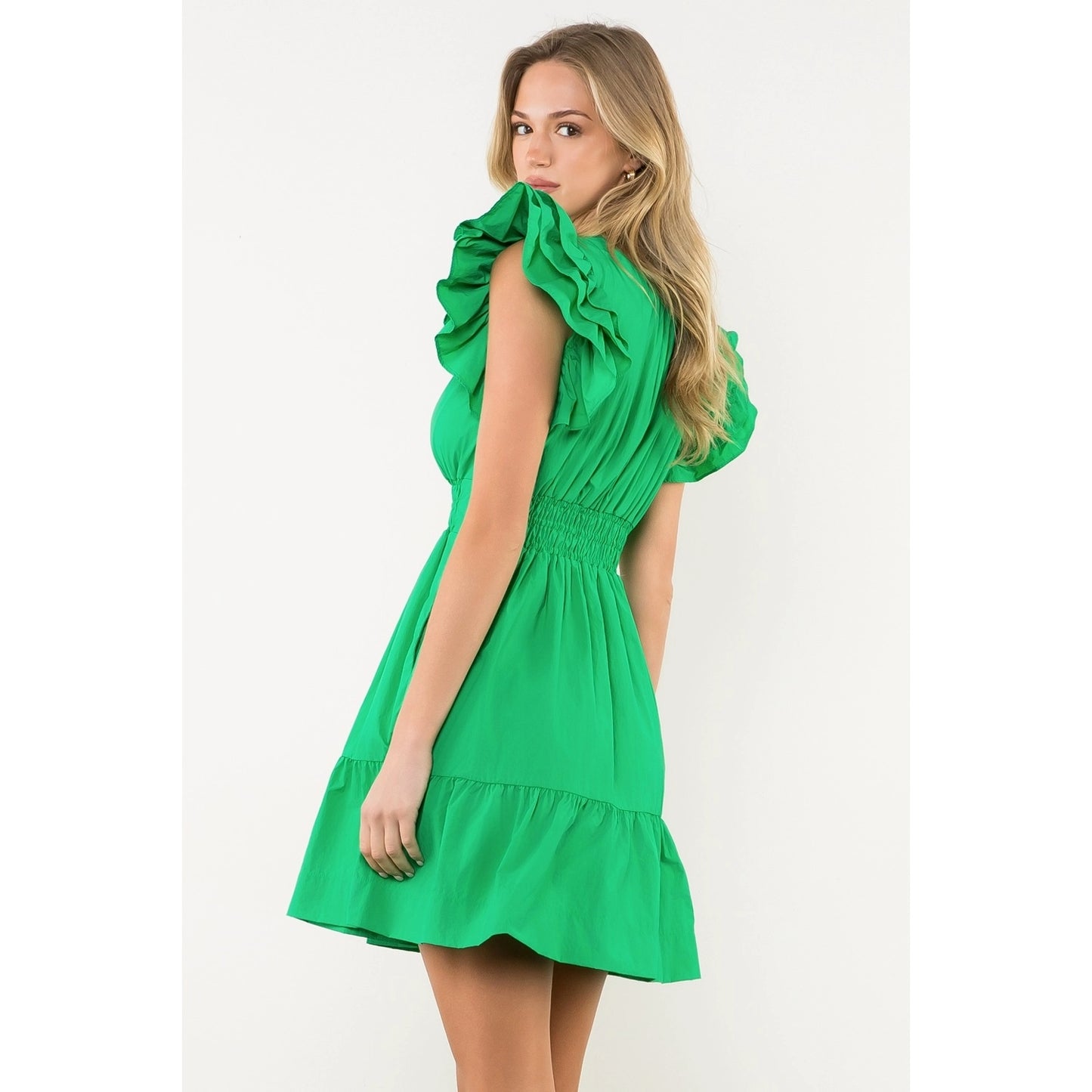 Smocked Waist Ruffle Sleeve Mini Dress - Green