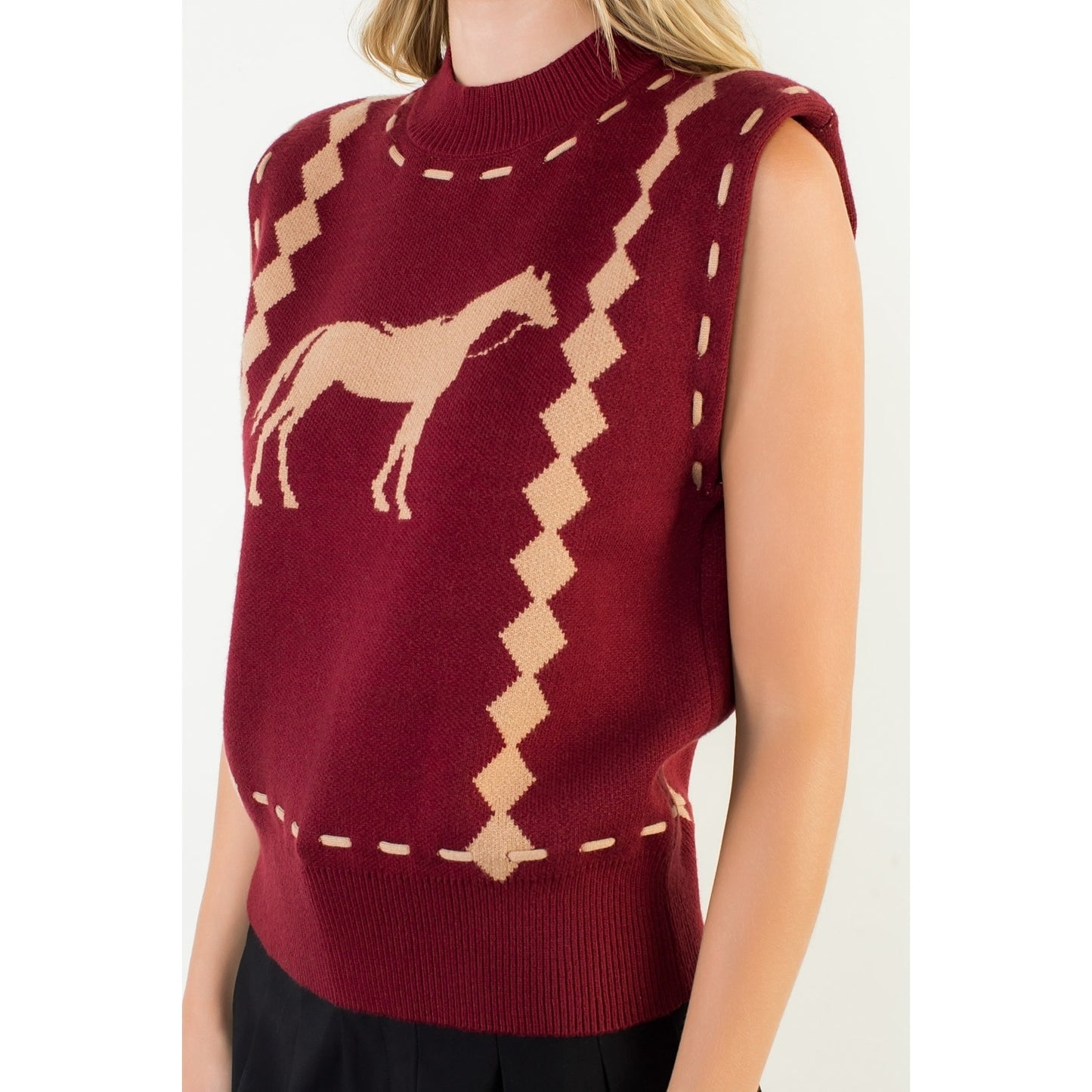 Sleeveless Horse Knit Vest - Burgundy