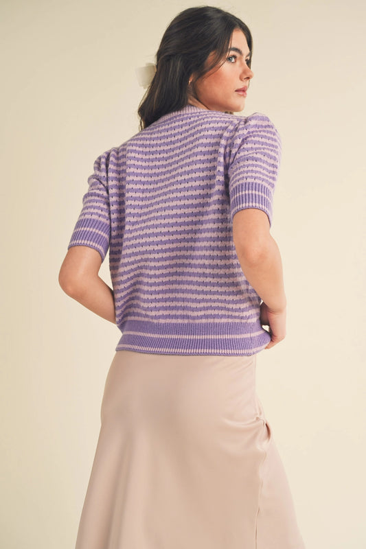 Striped Pointelle Knit Puff Sleeve Sweater - Pink Lavender