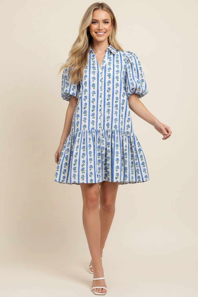 Floral Stripe Puffed Sleeve Mini Dress - Blue