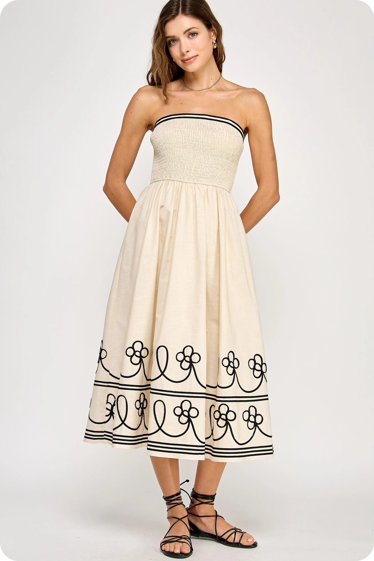 Contrast Embroidered Trim Linen Midi Dress - Ecru/Black