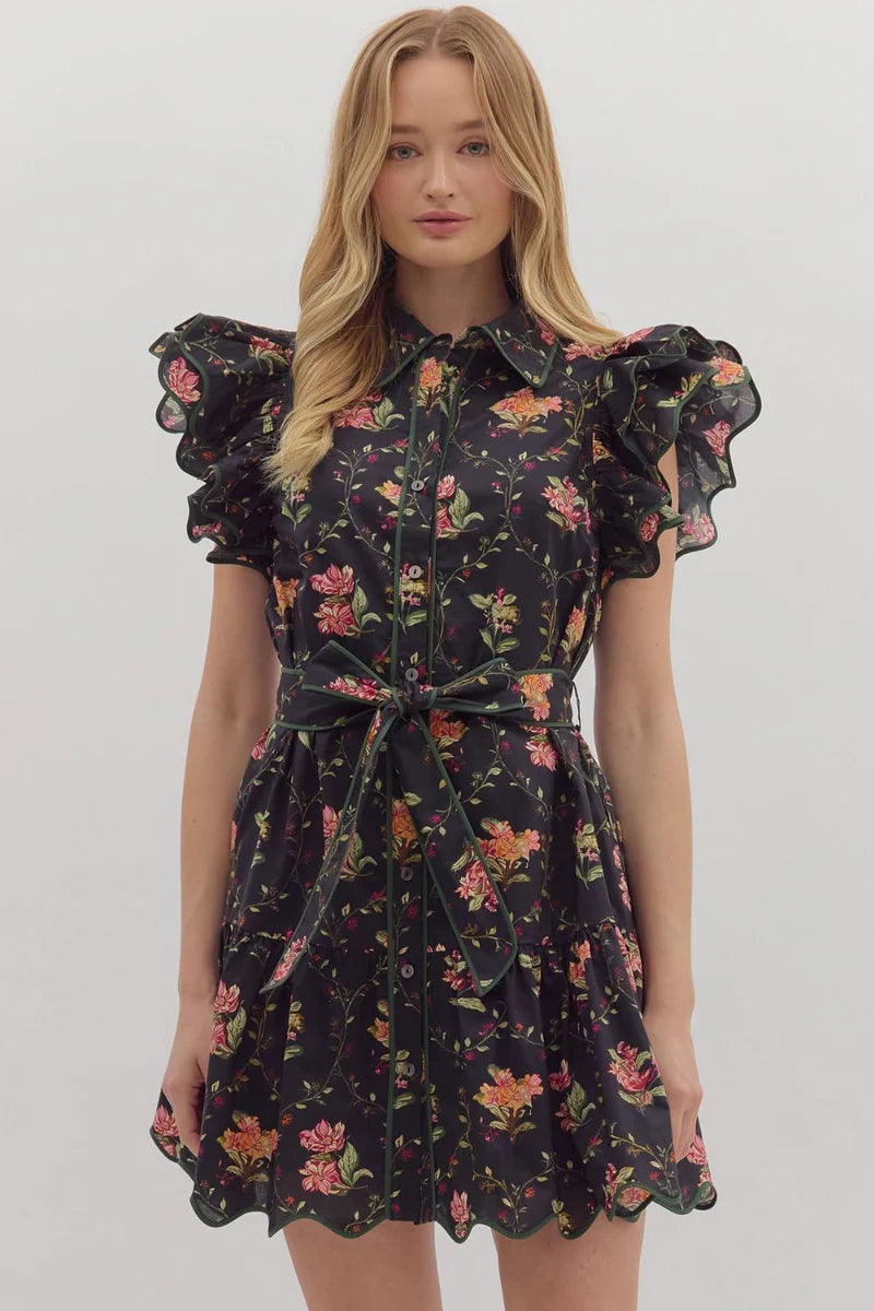 Sara Floral Ruffle Mini Dress - Black