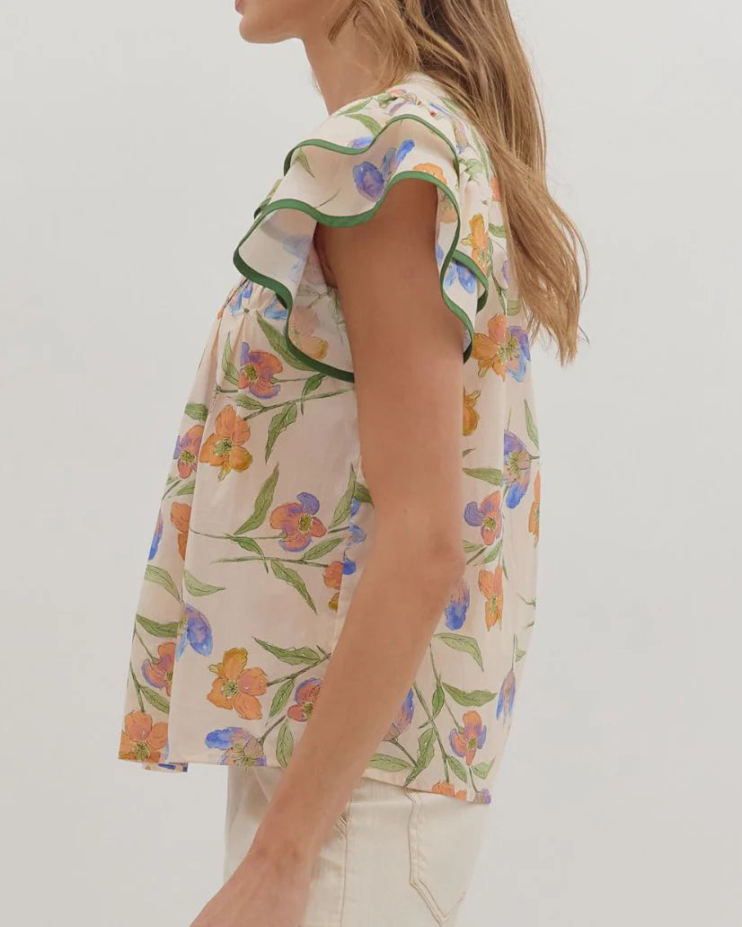 Floral Flutter Sleeve Top - Ecru