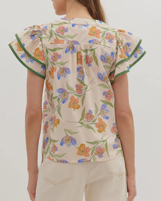 Floral Flutter Sleeve Top - Ecru