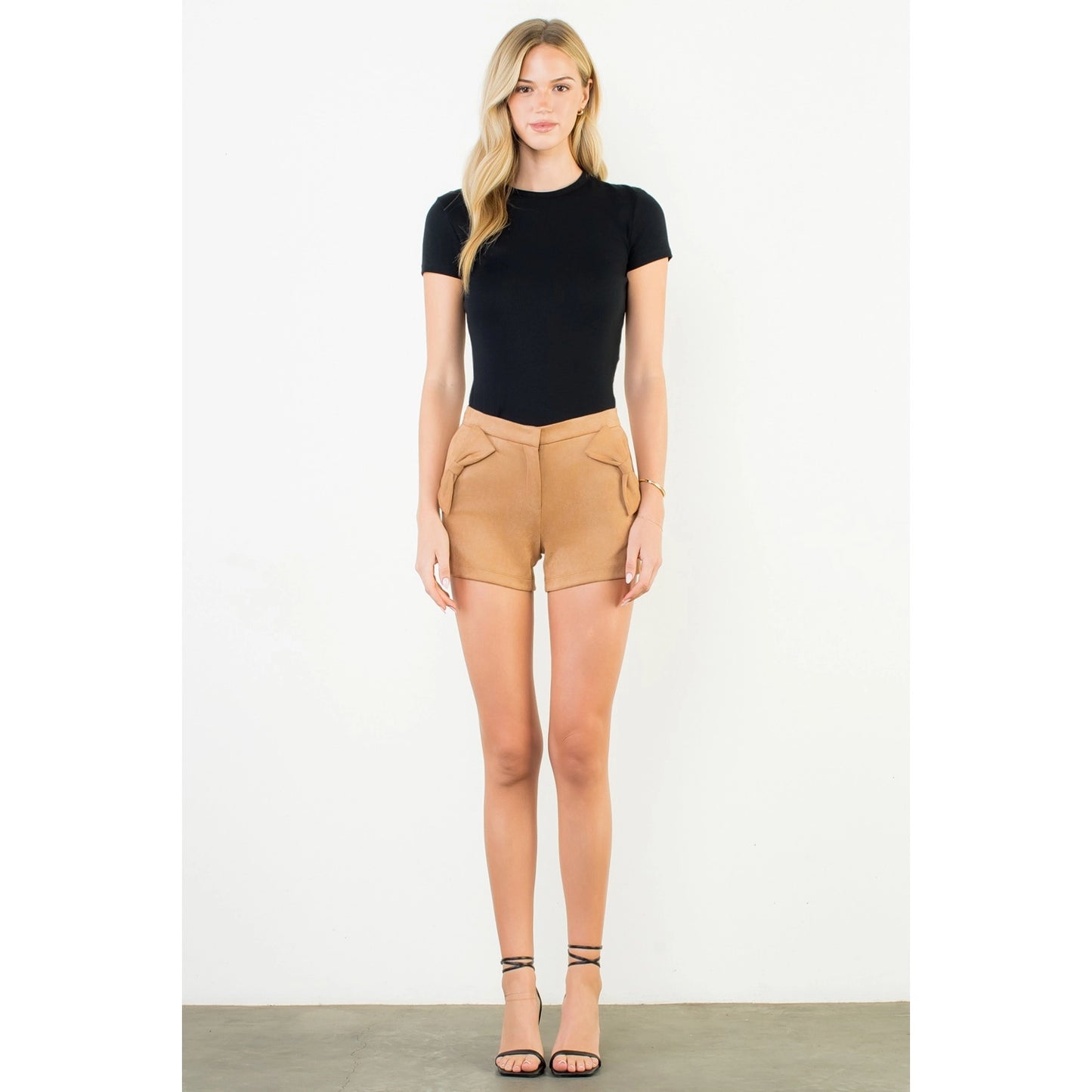 Bow Detail High Waist Suede Shorts - Camel