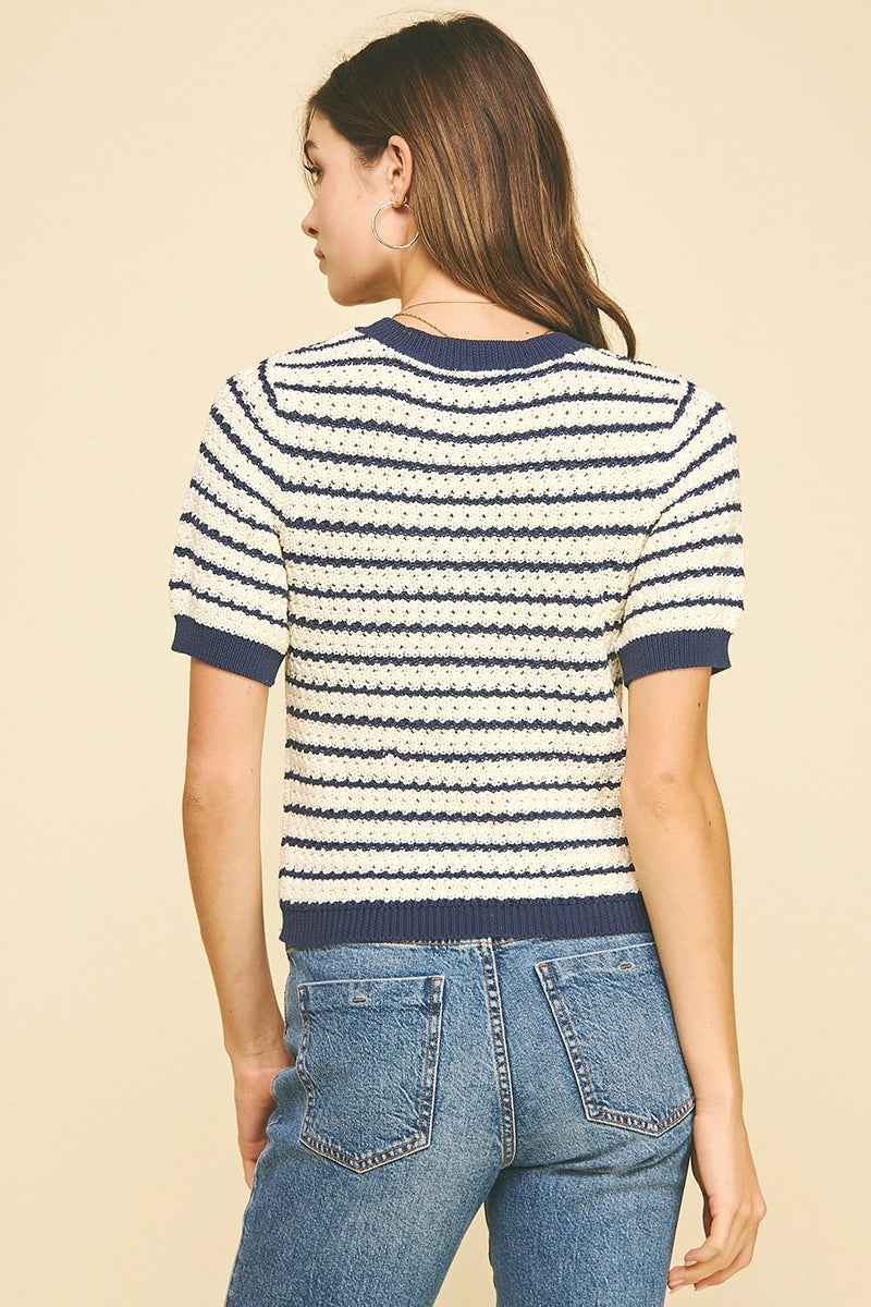 Stripe Textured Short Sleeve Sweater - Navy