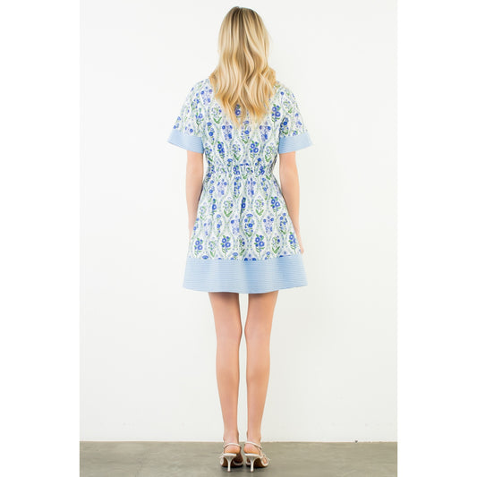 Short Sleeve Button Down Floral Pattern Dress - White