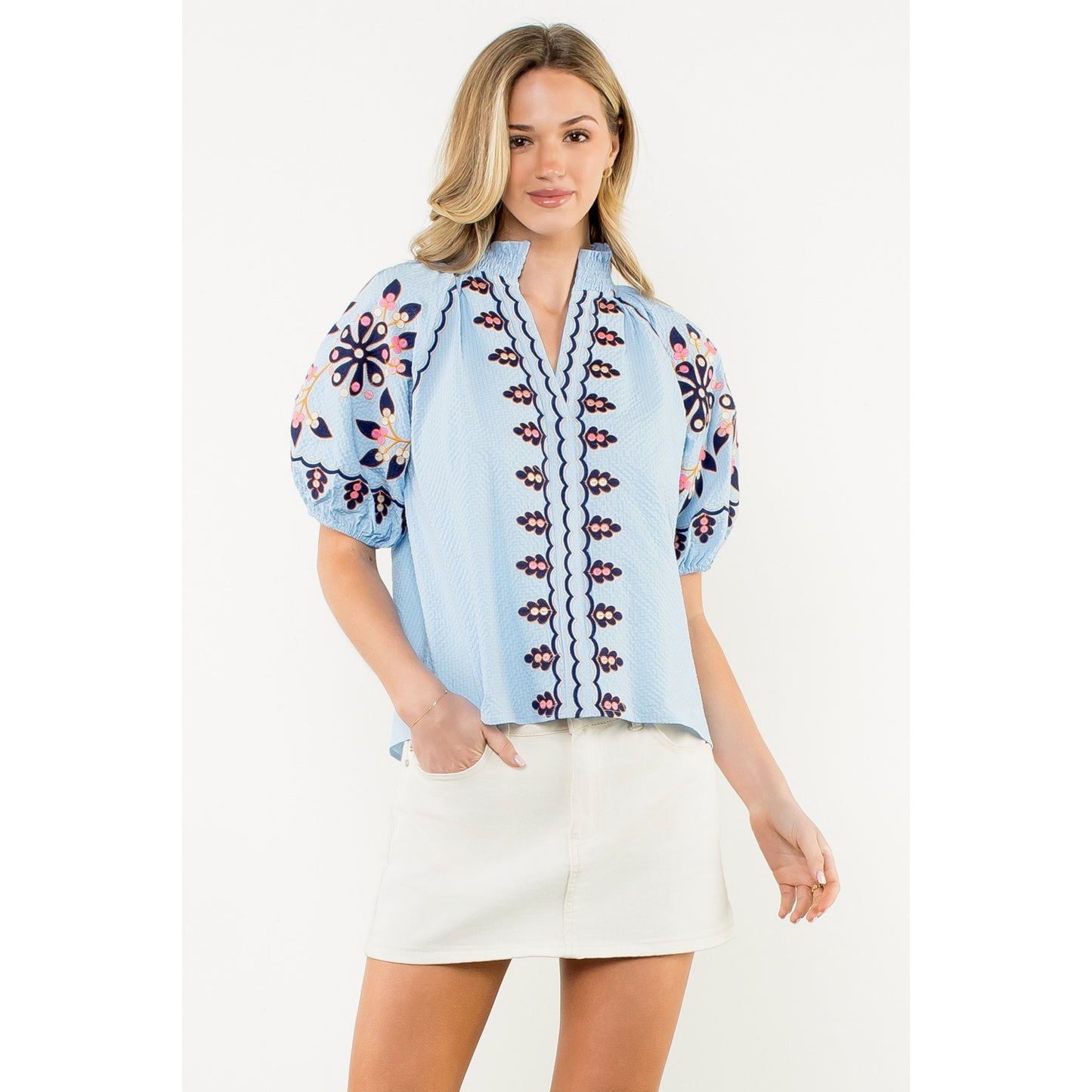 Embroidered Puff Sleeve Textured Top - Blue