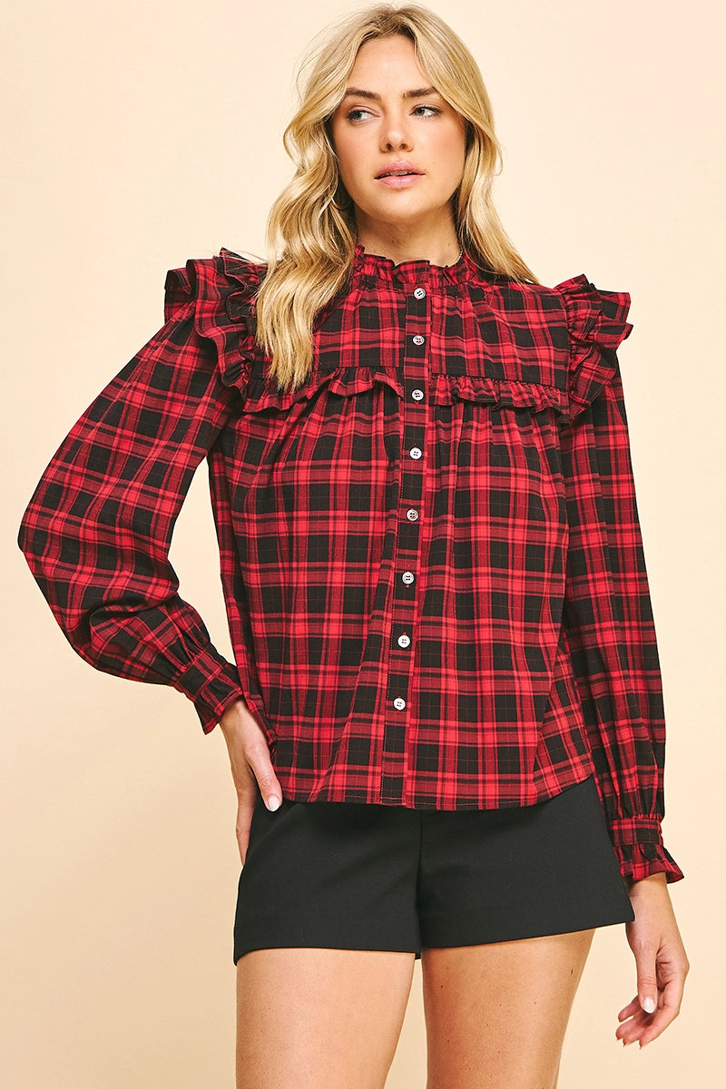 3/4 Sleeves Ruffle Plaid Blouse - Red