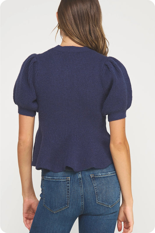 Flared Puff Sleeve Knit Top - Navy
