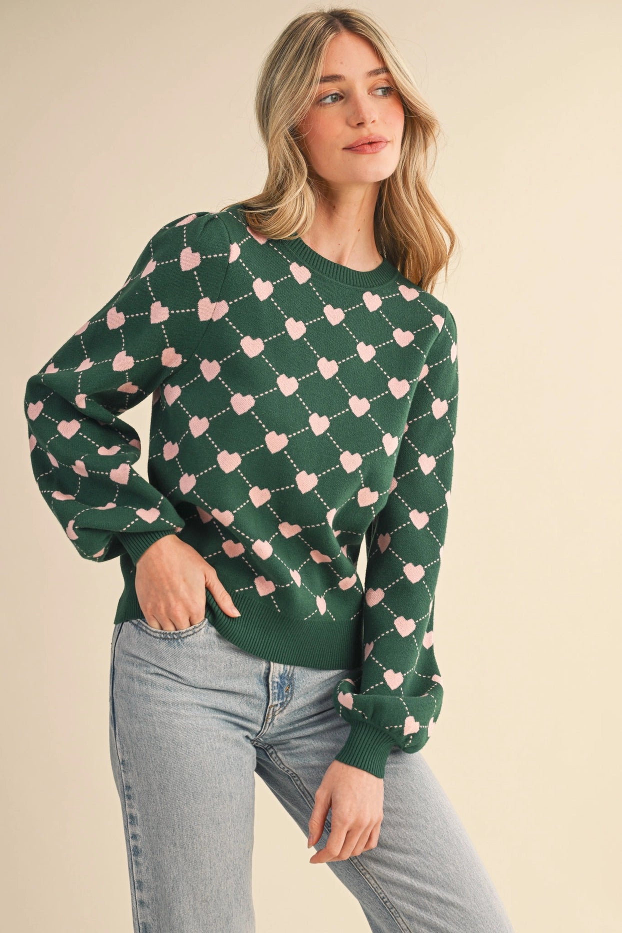 Heart Knit Puff Sleeve Sweater - Hunter Green Pink