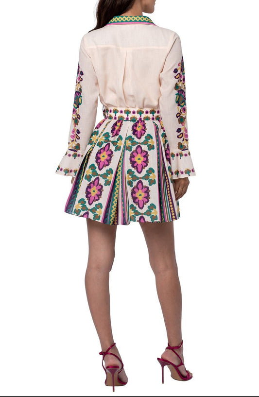 Maris Printed Mini Shirt Dress with Pleats - Cream Multi