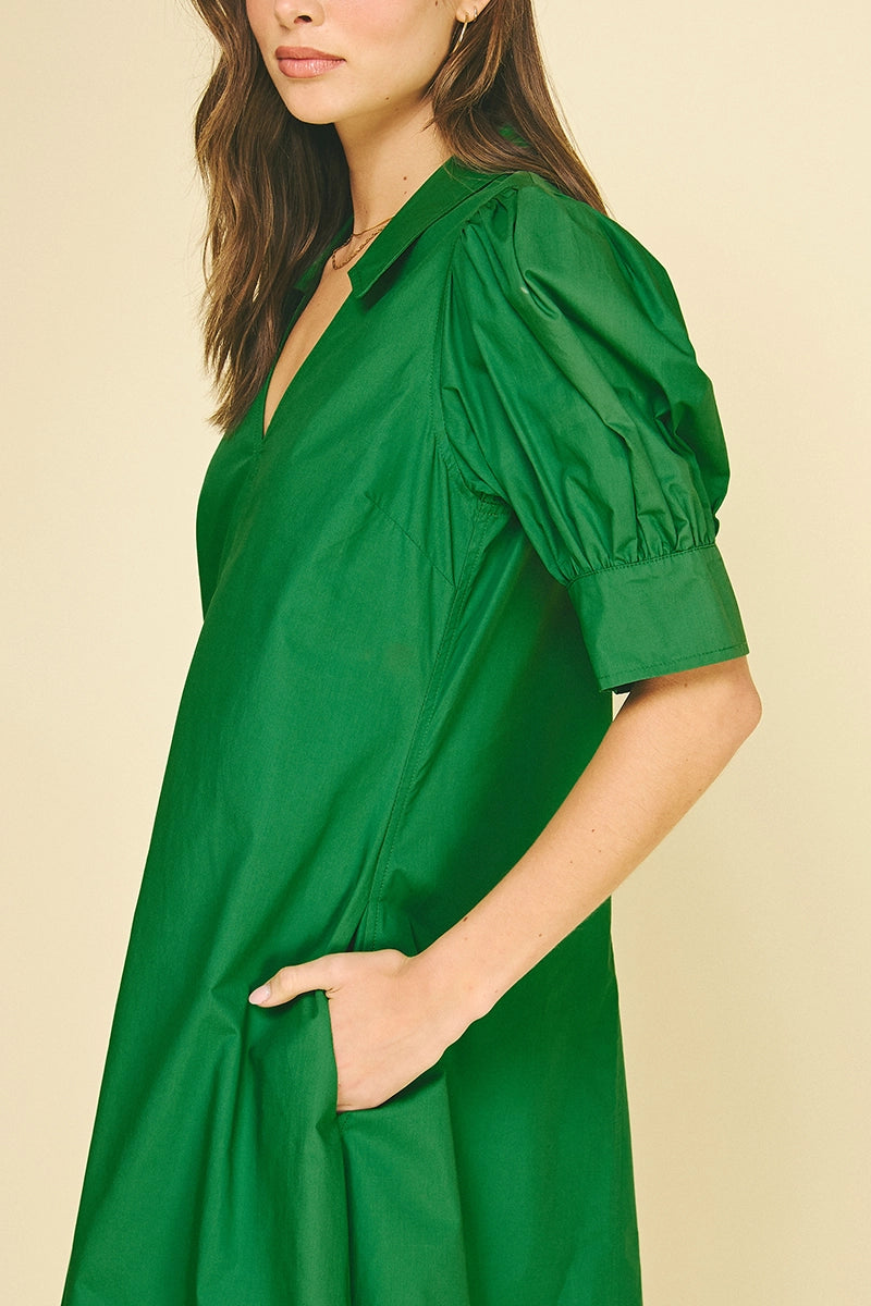 V-Neck Pleated A-Line Dress - Grass Green