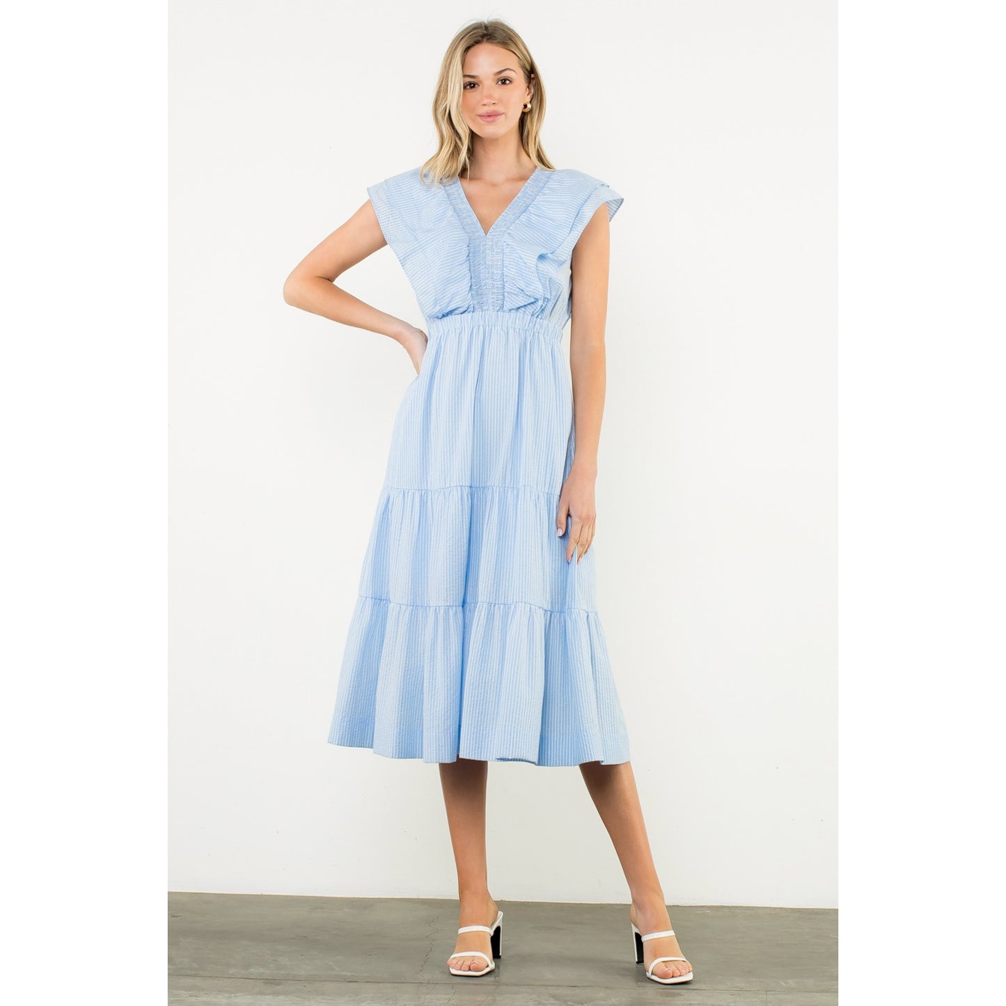 Striped Flutter Tiered Maxi Dress - Light Blue