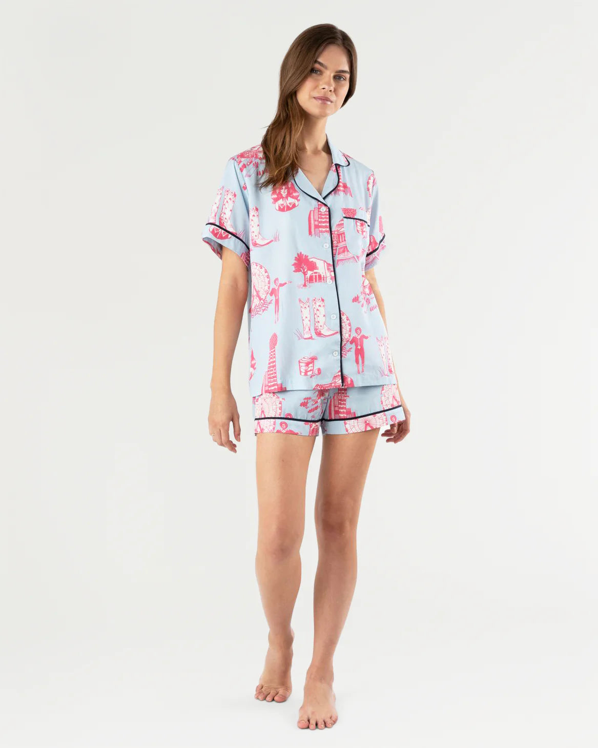 Dallas Toile Pajama Shorts Set - Blue Pink