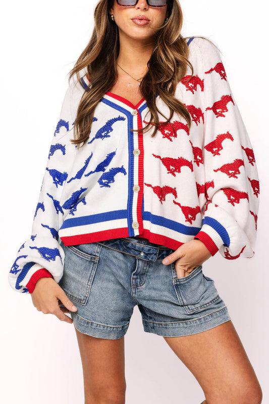 Licensed SMU Knit In Mascot Rhinestone Cardigan