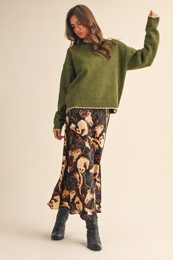 Satin Western Print Slip Skirt - Black Multi