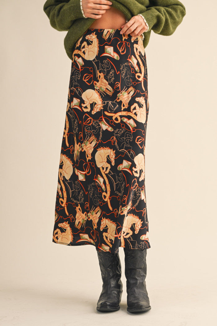 Satin Western Print Slip Skirt - Black Multi