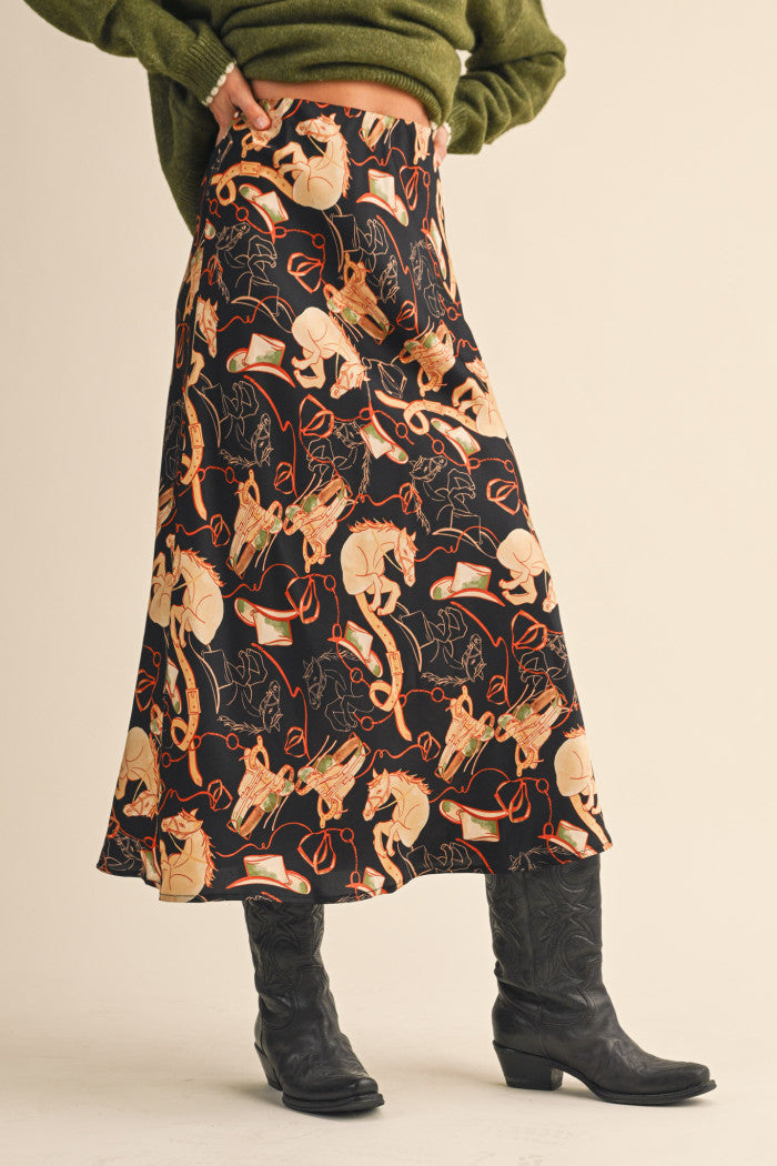 Satin Western Print Slip Skirt - Black Multi