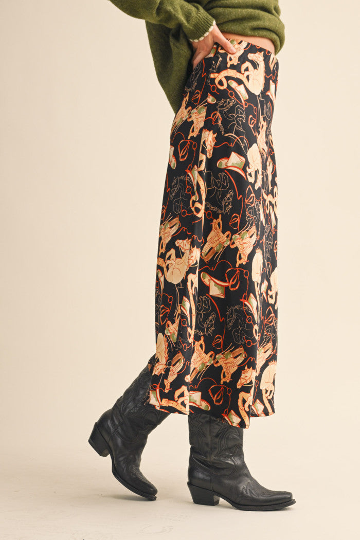 Satin Western Print Slip Skirt - Black Multi