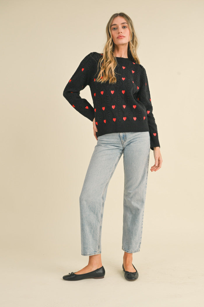 Heart Embroidered Pom Pom Sweater - Black Red