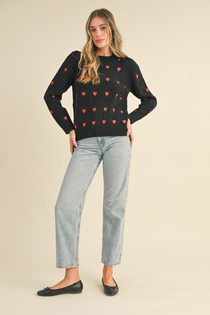 Heart Embroidered Pom Pom Sweater - Black Red