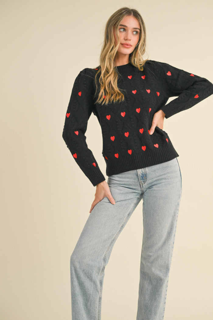 Heart Embroidered Pom Pom Sweater - Black Red