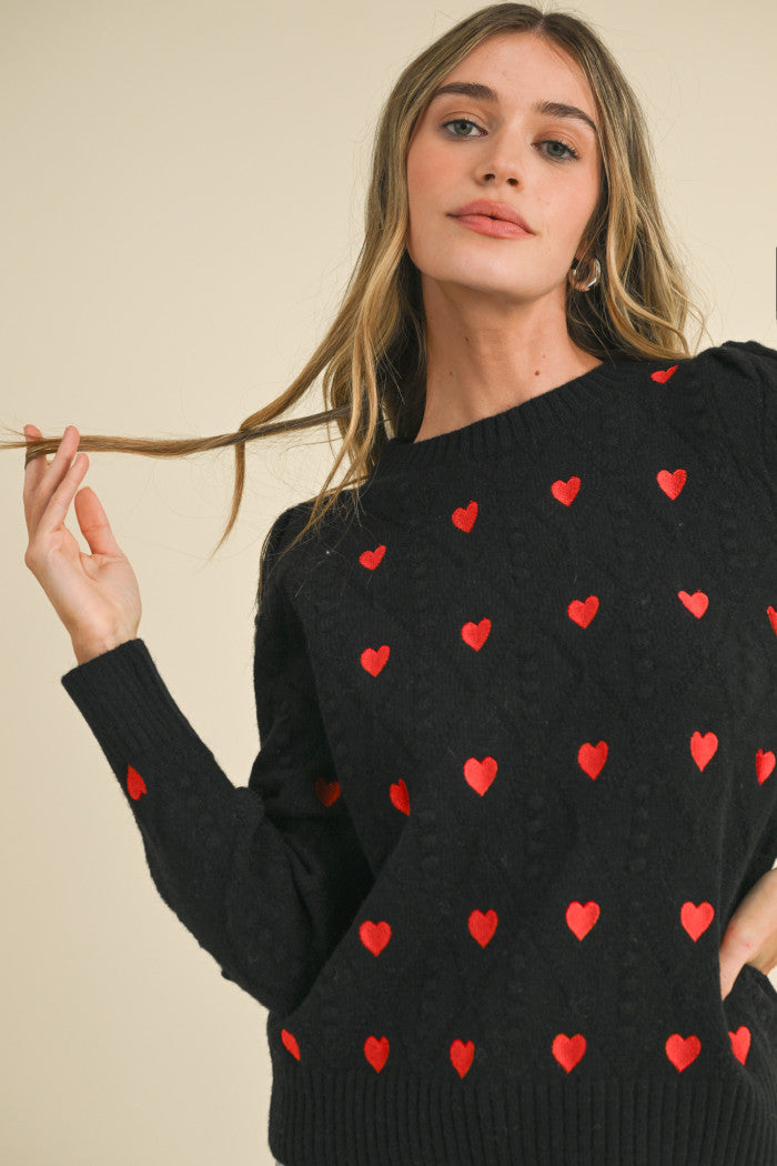 Heart Embroidered Pom Pom Sweater - Black Red