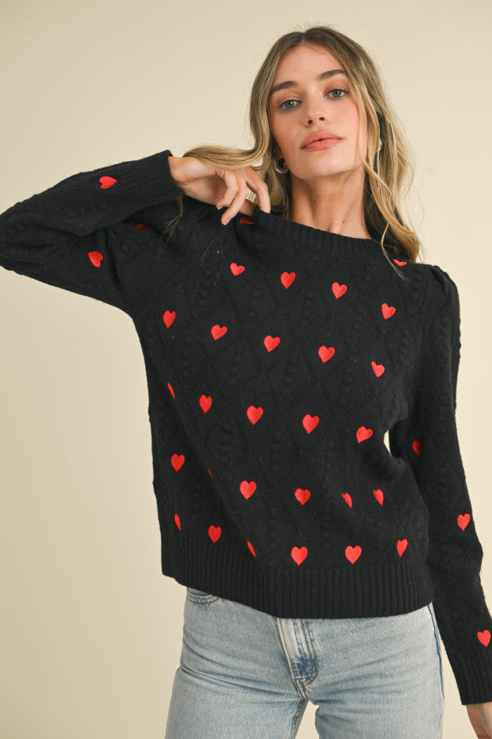 Heart Embroidered Pom Pom Sweater - Black Red