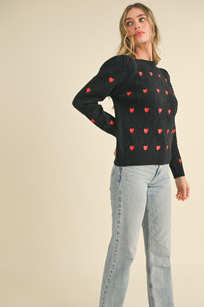 Heart Embroidered Pom Pom Sweater - Black Red