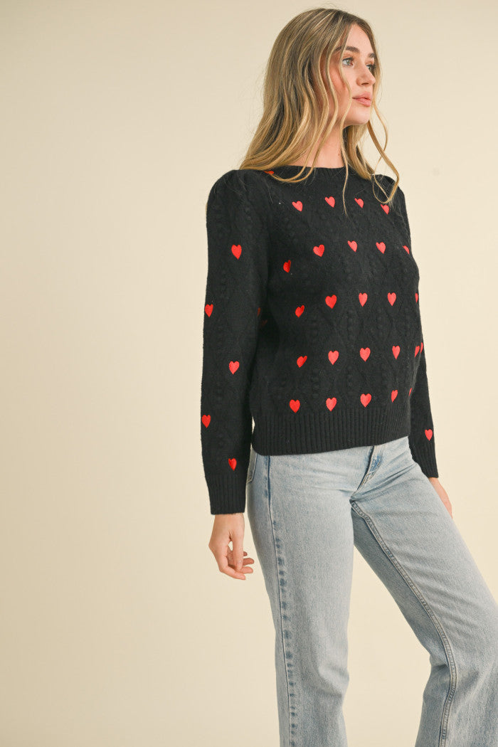 Heart Embroidered Pom Pom Sweater - Black Red