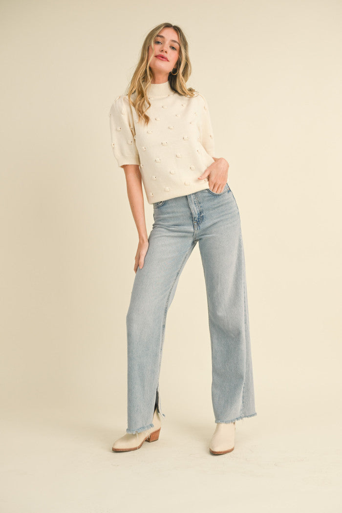 Popcorn Knit Short Sleeve Sweater - Ivory
