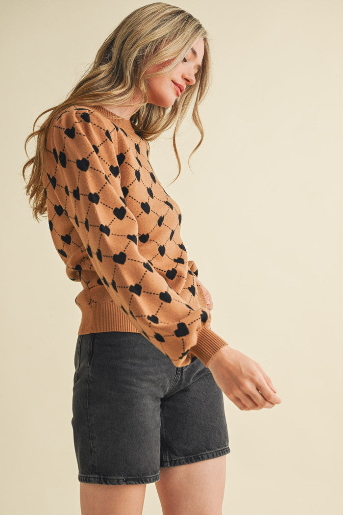 Heart Knit Puff Sleeve Sweater - Camel Black