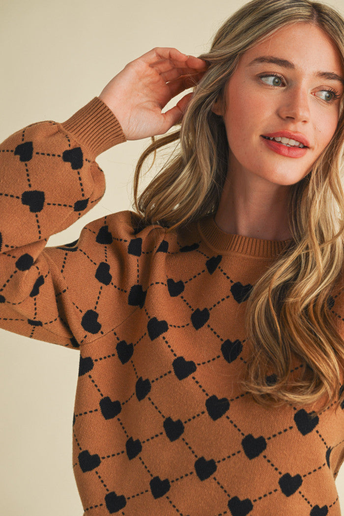 Heart Knit Puff Sleeve Sweater - Camel Black