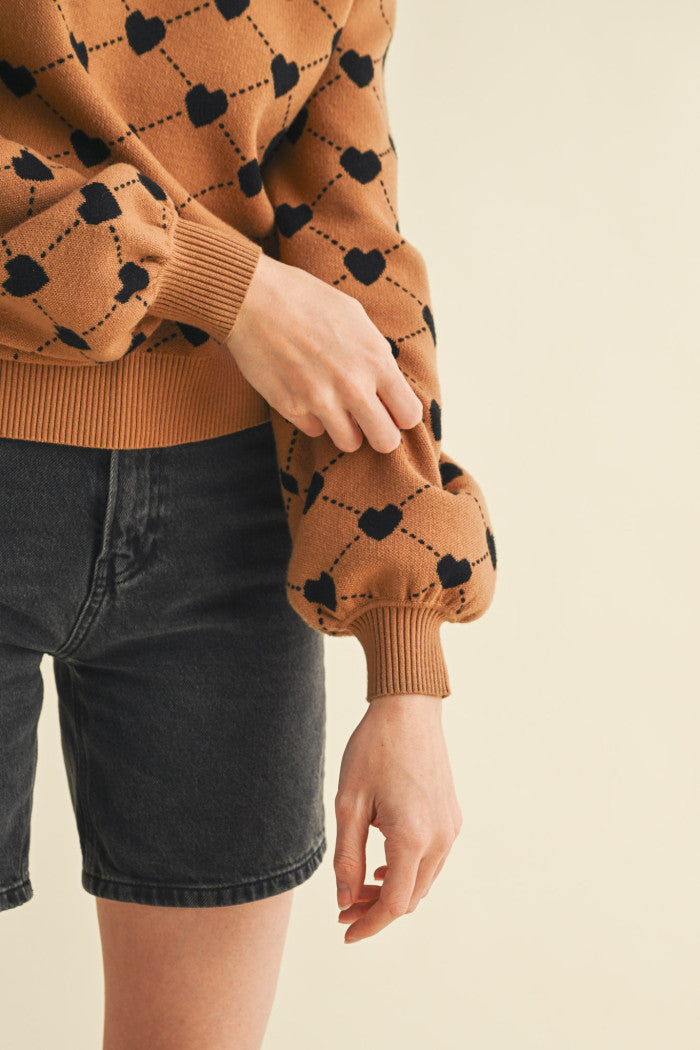 Heart Knit Puff Sleeve Sweater - Camel Black